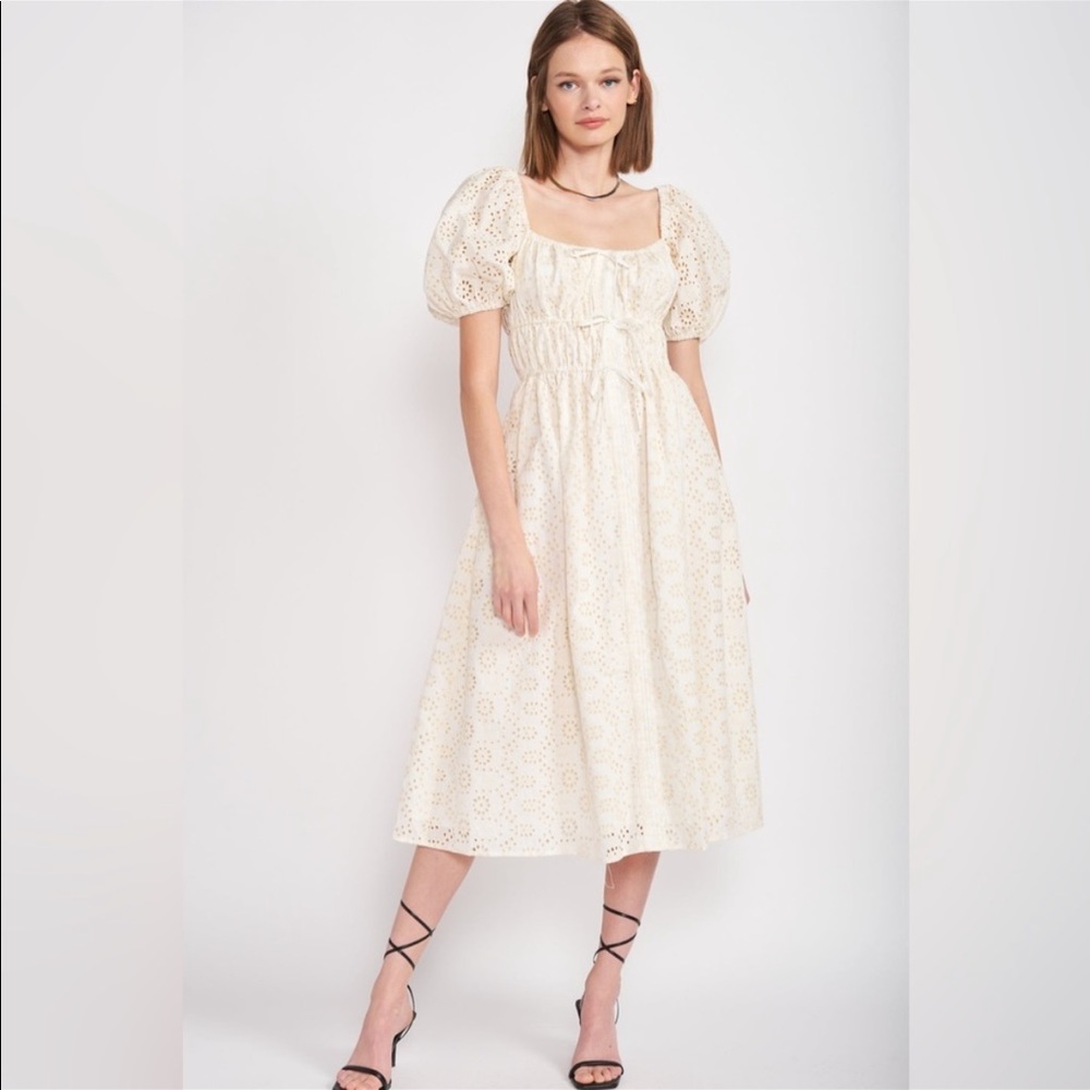 NWT EN SAISON's Cavaretta cotton midi-dress eyelet smoked Off the shoulder Sz M